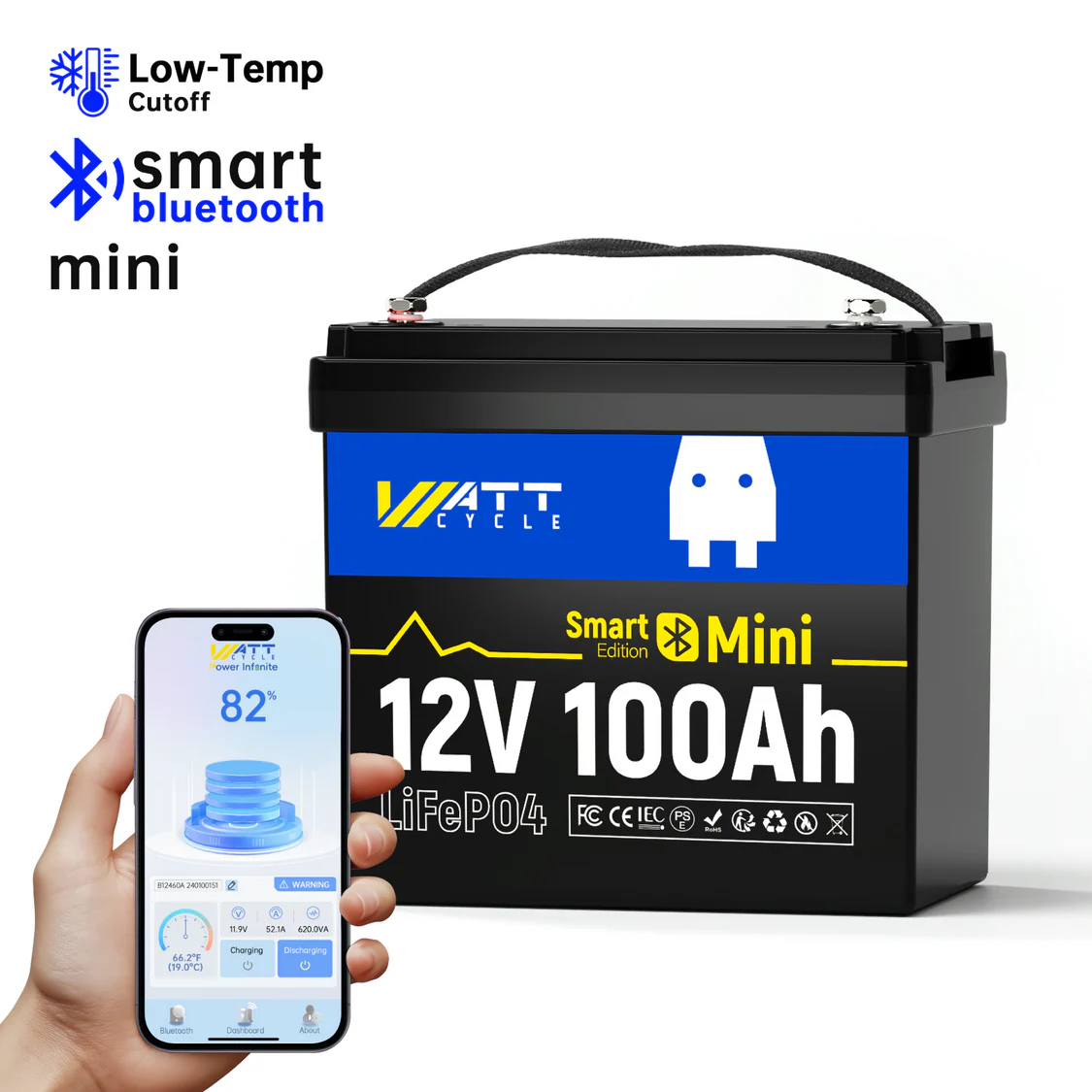 Wattcycle 12V 100Ah Mini Bluetooth LiFePO₄ Battery